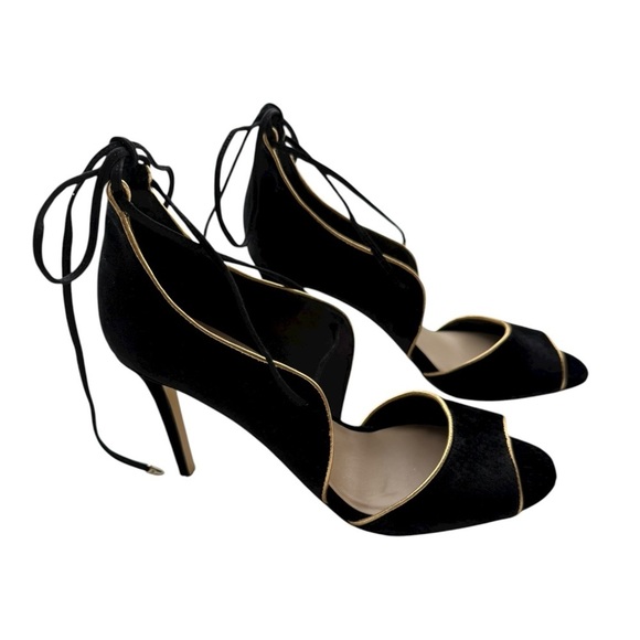 Lord & Taylor Lace Up Peep Toe Heels Sz 8 EU 38 Black Velvet Gold Stiletto - Picture 4 of 8